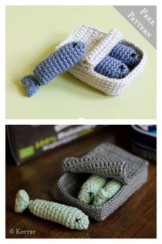 crocheted fish and cornucopies are shown in two different pictures, one is blue and the other is white