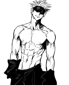 a drawing of a man with no shirt on and his hands in his pockets,