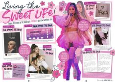 a collage of photos and information about the singer's life, including her pink outfit