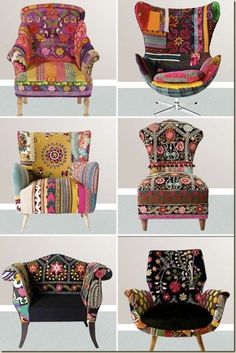 several different types of chairs and couches with designs on them, including one that has a green circle in the middle