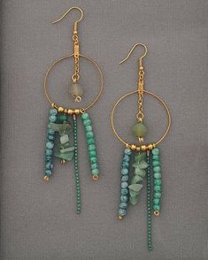 Metal Hoop Beaded Earrings, Metal Hoop Beaded Earrings For Pierced Ears, Green Metal Dangle Hoop Earrings, Green Dangle Metal Hoop Earrings, Green Dangle Hoop Earrings In Metal, Metal Hoop Earrings With Dangling Beads, Wire Jigs, Stone Hoop Earrings, Beach Jewelry Boho