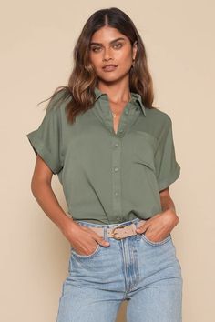 Keep it cute and classic in the Lulus Blythe Olive Green Short Sleeve Button-Up Top! Soft, lightweight woven fabric creates a collared neckline and cuffed, short sleeves. Relaxed bodice features a full button placket and front patch pocket. Notched, rounded hem. Pair with denim and a blazer for a casual-chic workday look! Fit: This garment fits true to size. Length: Above mid-thigh. Size medium measures 27.75" from shoulder to hem. Bust: Great for any cup size. Waist: Not Fitted - comfortable ro Chic Summer Button-up Short Sleeve Shirt, Chic Summer Tops With Placket, Versatile Short Sleeve Blouse For Summer, Chic Short Sleeve Button-up Shirt For Summer, Versatile Short Sleeve Blouse With Rolled Sleeves, Versatile Summer Blouse With Collared Neckline, Versatile Collared Blouse For Summer, Collared Shirt With Button Closure For Day Out, Collared Neckline Shirt With Button Closure For Day Out