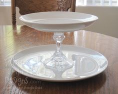 a cake plate sitting on top of a wooden table