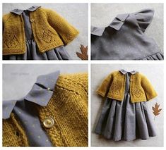 four pictures of the same sweater and dress, with different buttons on each collarline