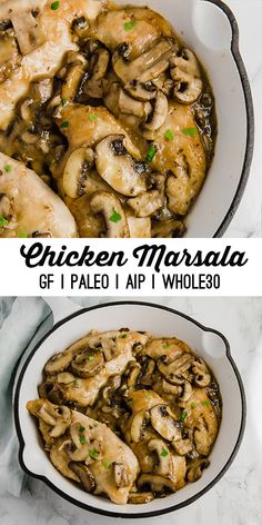 chicken marsala in a skillet with mushrooms and parsley