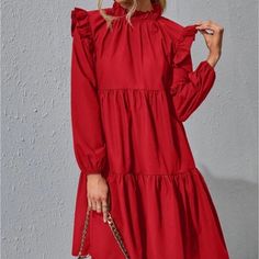 Questions? Leave A Comment Below! Solid Ruffled Midi Dress For Fall, Solid Midi Dress With Ruffles For Fall, Solid Color Ruffled Midi Dress For Fall, Casual Ruffle Sleeve Mini Dress For Fall, Casual Mini Dress With Ruffle Sleeves For Fall, Casual Ruffle Dress For Fall, Fall Solid Color Midi Dress With Ruffles, Red Long Sleeve Midi Dress With Ruffle Hem, Ruffled Dresses For Brunch In Fall