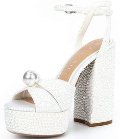 Gianni Bini Kemara Two Open Toe Embellished Pearl Studded Platform Sandals | Dillard's Pearl Fabric, Wedding Shoes Platform, Bridal Events, Pearl Shoes, White High Heels, Bridal Event, Gianni Bini Shoes, Shoe Inspo, Wedding Heels