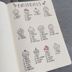 an open notebook with drawings of cupcakes and the words birthday's on it