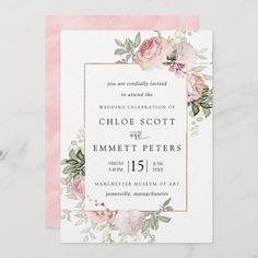 wedding reception card with pink roses and greenery