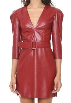 Discover our Women's Genuine Lambskin Red Leather Dress. Featuring a deep V neckline, 3/4 sleeves, and an adjustable waist belt, this custom-made, thigh-length dress is perfect for all-season wear. Available in all colors and plus sizes, ideal for both formal and casual occasions. Captivate in Our Women's Red Lambskin Leather Dress Unleash your inner fashionista with our Women's Genuine Lambskin Red Leather Dress. This exquisite dress features a deep V neckline and 3/4 length sleeves, creating a perfect balance of allure and elegance. The vibrant red color makes a bold statement, while the soft lambskin leather ensures you look and feel luxurious. Designed for both formal and casual wear, this dress is a versatile addition to your wardrobe, ideal for all seasons. Elegant and Flattering Des Red Leather Dress, Leder Outfits, Red Bodycon Dress, Red Dress Outfit, Half Sleeve Dresses, Vestidos Vintage, Leather Dresses, Polyester Dress, Wearing Red