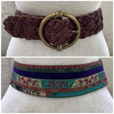 90s Lucky Brand belt, brown cowhide braided belt, colourful patchwork fabric, chunky bronze round buckle, boho hippie fashion, maximalist Embrace the free-spirited vibe of boho hippie fashion with this 90s Lucky Brand belt. Made of brown cowhide, this braided belt exudes a rustic charm that adds an authentic touch to any outfit. The standout feature of this belt is the colourful patchwork fabric on the back, which adds a playful and eclectic flair. Each patch showcases a unique pattern and hue, creating a vibrant visual display that captures the essence of maximalist style. The chunky bronze round buckle serves as a focal point, adding a touch of bohemian elegance to the overall design. Its substantial size and metallic sheen make it a statement piece that complements the braided cowhide p Fashion Maximalist, Boho Hippie Fashion, Hippie Mode, Maximalist Fashion, Maximalist Style, Mode Hippie, Hippie Fashion, Brown Cowhide, Belt Brown