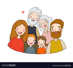 an old couple and two children with their grandparents on the white backgroung