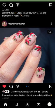 Pointsetta Nails, Poinsettia Nail Art, Christmas Flower Nails, 1940s Nails