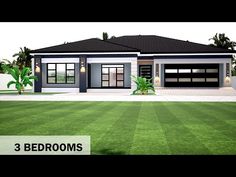 three bedroom house plan with 3 car garage in the front yard and palm trees on the other side