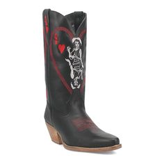 Make a fashion statement with these women's Dingo Queen A Hearts leather western boots. Click this FOOTWEAR GUIDE to find the perfect fit and more! Make a fashion statement with these women's Dingo Queen A Hearts leather western boots. Click this FOOTWEAR GUIDE to find the perfect fit and more! FEATURES Queen of hearts design Knee high style Cushion comfort insole Pull-on for easy on and offDETAILS Leather upper, lining and midsole Rubber outsole Almond toe Pull-on 2-in. heel 16-in. shaft 15-in. Black Leather Mid-calf Boots For Western-themed Events, Black Leather Mid-calf Boots For Western Events, Flame Cowboy Boots, Black Flame, Western Store, Hearts Design, Leather Western Boots, Fall 24, Shoe Inspo