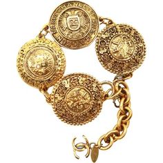 Vintage Gold Medallion Pendant Charm Links Cuff Bracelet by Chanel - Free Shipping - Thrilling Chanel Shop, Cuff Bracelet Gold, Chanel Bracelet, Gold Medallion, Shopping Chanel, Chanel Jewelry, Bracelet Gold, Pocket Watch, Vintage Gold