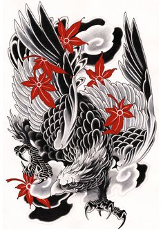 a drawing of a bird with red flowers on it's body and wings in the background