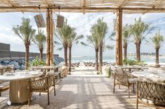 an outdoor dining area with palm trees and the ocean in the background