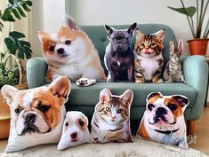 a group of dogs and cats sitting on top of a couch next to each other