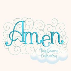 the word amen written in cursive writing on a white background with blue swirls