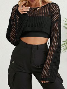 Black Casual,Sexy Collar Long Sleeve Knitwear Plain Pullovers Embellished Slight Stretch  Women Clothing Net Sweater, Mesh Sweater, Collars For Women, Girls Denim, Headband Styles, Bra Women, Cropped Sweater, Sweater And Shorts, Knitwear Women