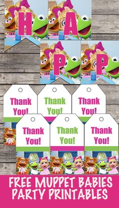 the muppet baby shower party printables are shown with tags and thankers