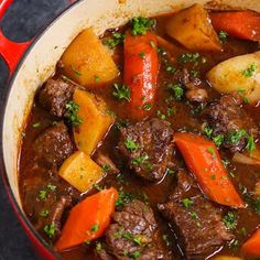 a red pot filled with stew and carrots on top of a gray countertop