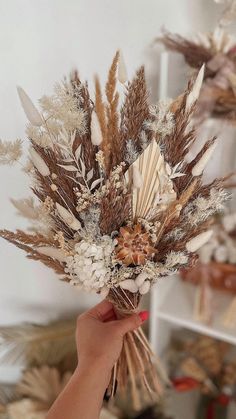 a person holding a bouquet of dried flowers in their hand, with other plants behind them