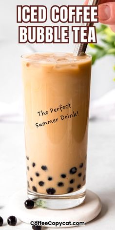 iced coffee bubble tea in a glass with text overlay that reads, iced coffee bubble tea the perfect summer drink