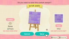 an animal crossing game screen with the words brick path on it's left side