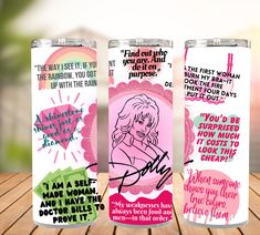 three different types of cans on a wooden table with the words, i am a woman, and an image of marilyn monroe