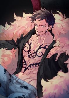 an anime character with long hair and piercings on his chest, wearing a black coat