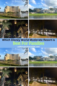 the disney world moderate resort is featured in this collage with images from different locations