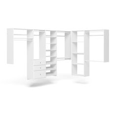 an open bookcase with shelves and drawers on the bottom shelf is shown in white