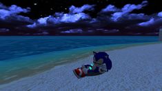 sonic the hedgehog sitting on a beach at night