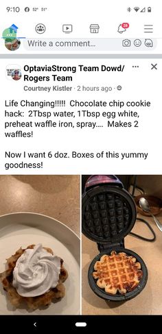 two waffles with whipped cream on top and an instagram post about them