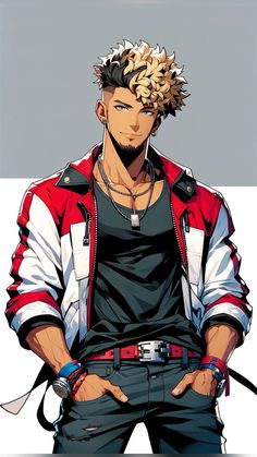 an anime character is standing with his hands in his pockets and wearing a red jacket