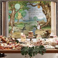 winnie the pooh birthday party with desserts and snacks on a table in front of a window