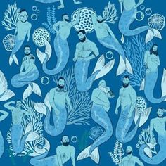 an image of people swimming in the ocean with fish and corals on blue background