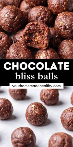 Chocolate bliss balls stacked on each other. One with a bite taken out. Chocolate Bliss Balls Healthy, Easy Bliss Balls, Gluten Free Bliss Balls, Chocolate Bliss Balls, Healthy Chocolate Balls, Healthy Chocolate Snacks Easy, Bliss Balls Recipe, Chocolate Oat Balls, Bliss Balls Healthy