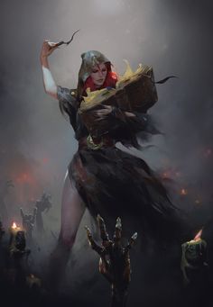 a painting of a woman holding a box in her hands and surrounded by demonic creatures