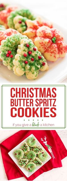 christmas butter spritz cookies on a white plate