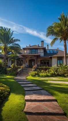 a large house with lots of palm trees in the front yard and steps leading up to it