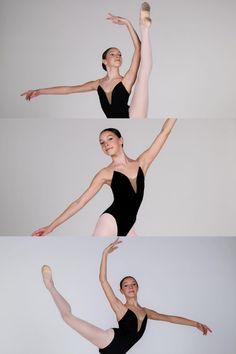 three photos of a woman in black leotard and ballet shoes, with her arms stretched out to the side