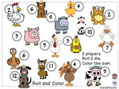 an animal themed roll and color activity for kids to practice numbers 1 - 10 with pictures