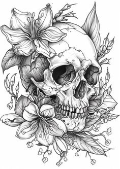 a skull with flowers on it's head and some leaves around the skull,