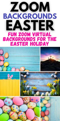 an easter egg hunt with the text zoom backgrounds easter fun virtual background for the easter holiday