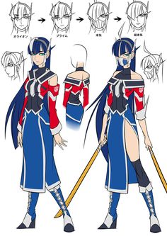 an anime character with different poses and hair, holding a stick in one hand and wearing blue