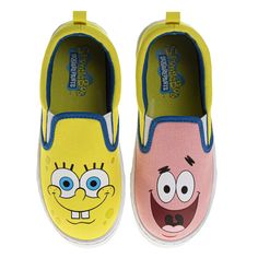 Dive into double the fun with these officially licensed Nickelodeon SpongeBob SquarePants Slip-On Sneakers for Little and Big Kids! Perfect for adventures in Bikini Bottom or beyond, these comfy canvas sneakers boast a unique mismatched design. One shoe features a bold and colorful SpongeBob graphic, while the other showcases everyone's favorite lazy starfish, Patrick. The easy slip-on design makes getting ready a breeze, while the durable rubber sole ensures excellent traction for all-day play. Patrick And Spongebob, Aye Aye Captain, Bob Shoes, Spongebob And Patrick, Nickelodeon Spongebob, Square Pants, Cute Sneakers, Closed Toe Shoes, Footbed Sandals