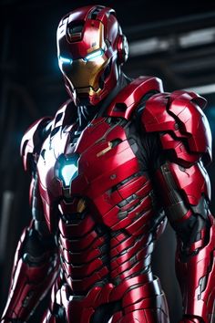 an iron man standing in front of a dark background